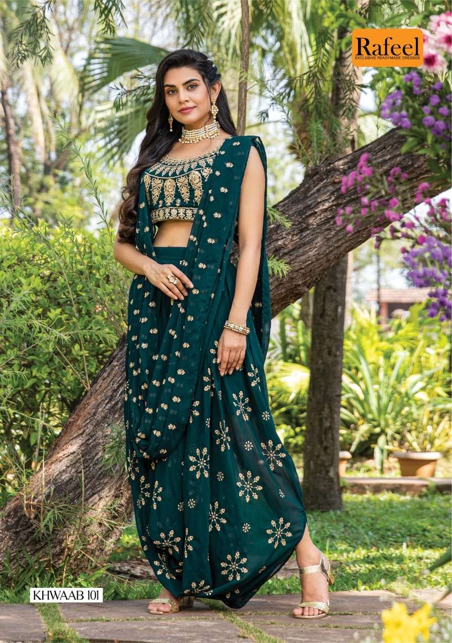 KHWAAB BY RAFEEL 101 TO 106 SERIES DESIGNER STYLISH FANCY COLORFUL BEAUTIFUL PARTY WEAR & ETHNIC WEAR COLLECTION BLOOMING GEORGETTE KURTIS WITH BOTTOM AT WHOLESALE PRICE