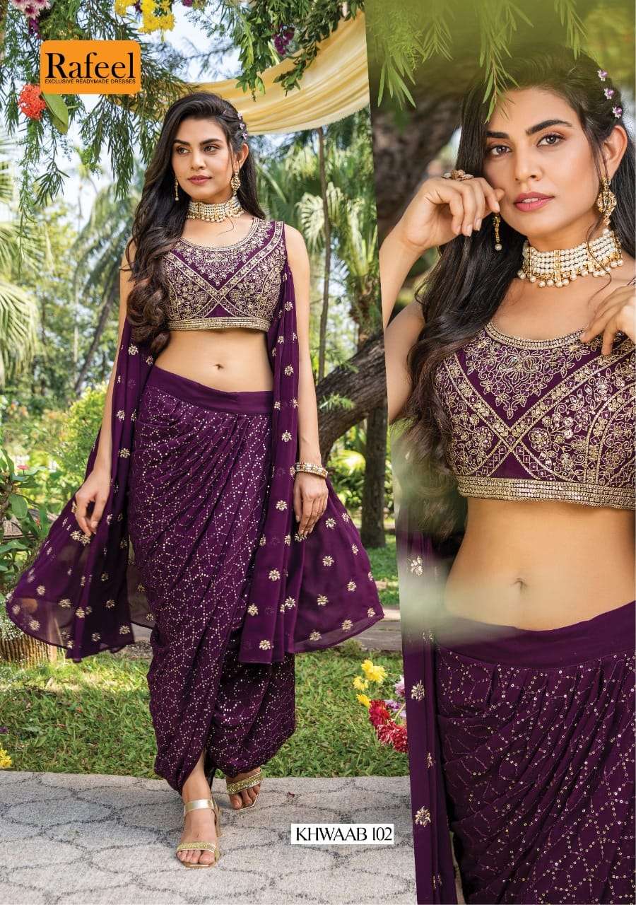 KHWAAB BY RAFEEL 101 TO 106 SERIES DESIGNER STYLISH FANCY COLORFUL BEAUTIFUL PARTY WEAR & ETHNIC WEAR COLLECTION BLOOMING GEORGETTE KURTIS WITH BOTTOM AT WHOLESALE PRICE
