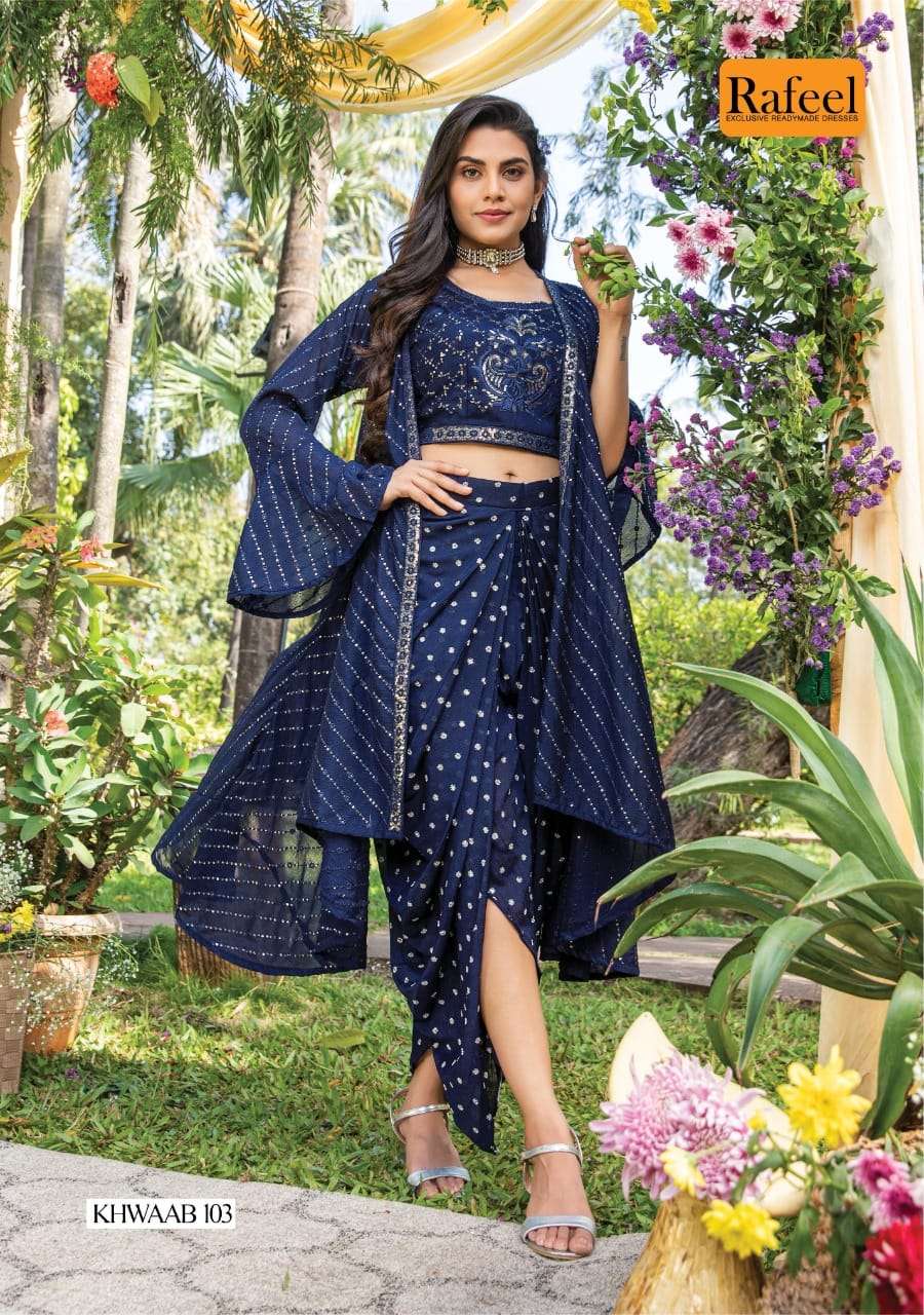 KHWAAB BY RAFEEL 101 TO 106 SERIES DESIGNER STYLISH FANCY COLORFUL BEAUTIFUL PARTY WEAR & ETHNIC WEAR COLLECTION BLOOMING GEORGETTE KURTIS WITH BOTTOM AT WHOLESALE PRICE