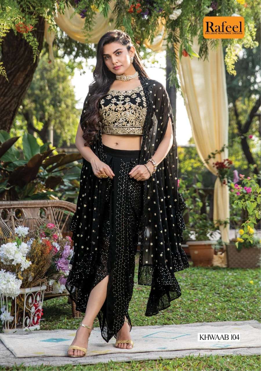 KHWAAB BY RAFEEL 101 TO 106 SERIES DESIGNER STYLISH FANCY COLORFUL BEAUTIFUL PARTY WEAR & ETHNIC WEAR COLLECTION BLOOMING GEORGETTE KURTIS WITH BOTTOM AT WHOLESALE PRICE