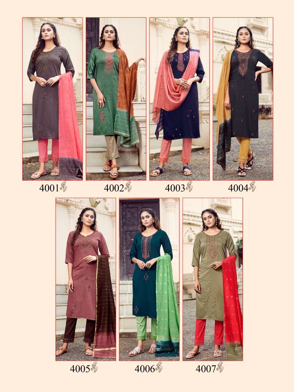 PUNAM BY LILLY 4001 TO 4007 SERIES BEAUTIFUL SUITS COLORFUL STYLISH FANCY CASUAL WEAR & ETHNIC WEAR CHINNON SLUB VISCOSE DRESSES AT WHOLESALE PRICE