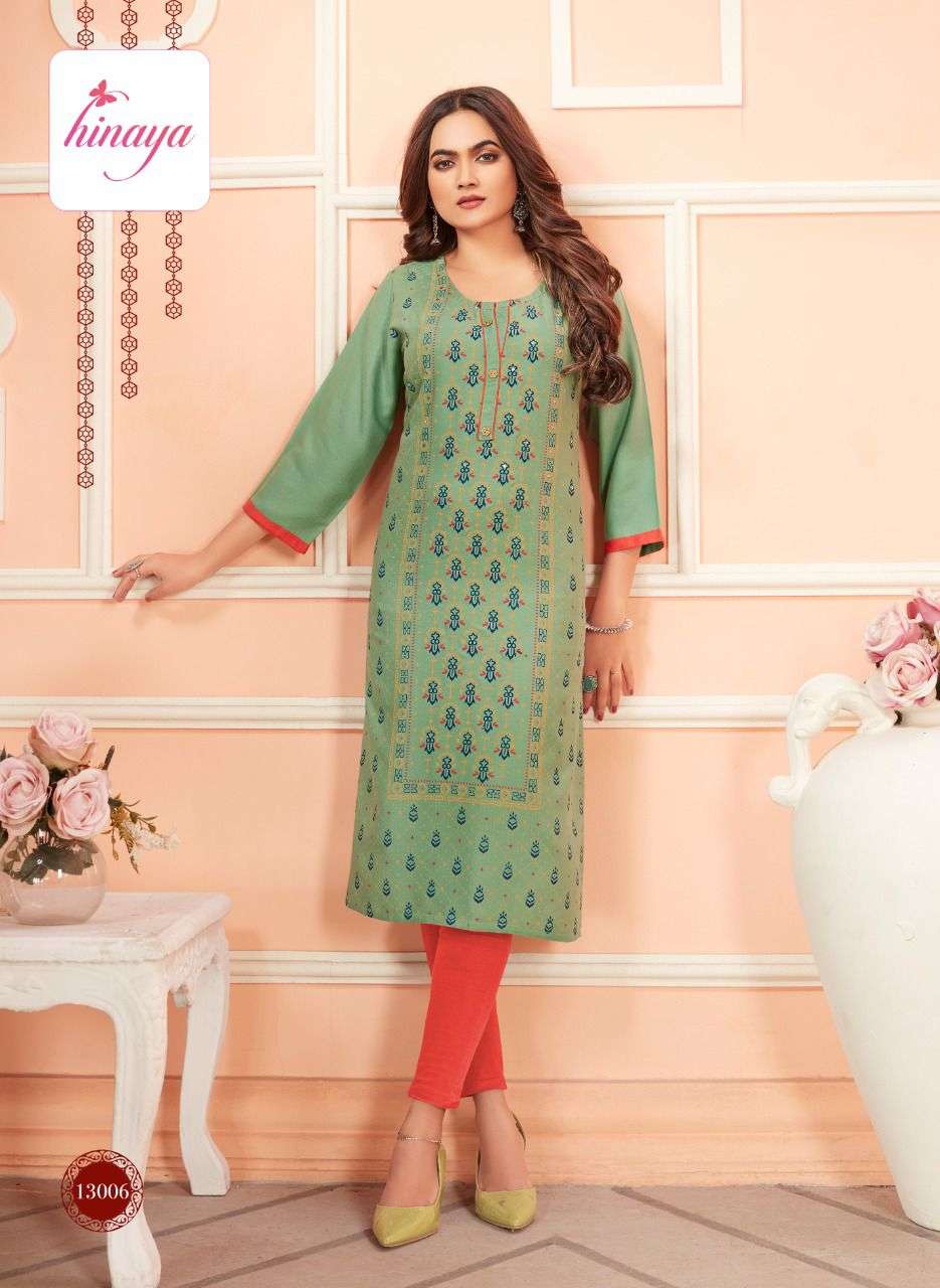 TIARA VOL-6 BY HINAYA 6001 TO 6008 SERIES DESIGNER STYLISH FANCY COLORFUL BEAUTIFUL PARTY WEAR & ETHNIC WEAR COLLECTION RAYON EMBROIDERY KURTIS AT WHOLESALE PRICE