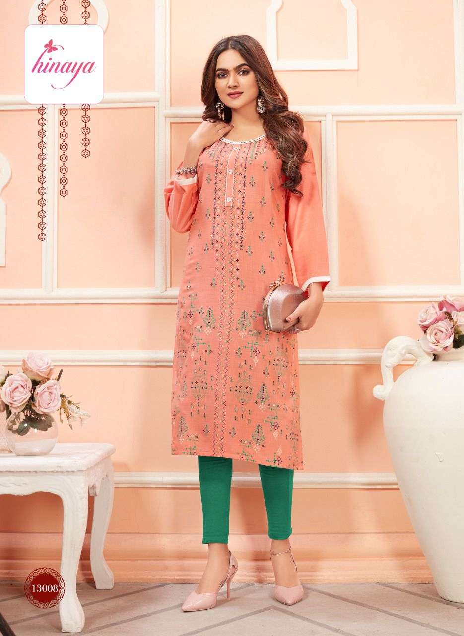 TIARA VOL-6 BY HINAYA 6001 TO 6008 SERIES DESIGNER STYLISH FANCY COLORFUL BEAUTIFUL PARTY WEAR & ETHNIC WEAR COLLECTION RAYON EMBROIDERY KURTIS AT WHOLESALE PRICE