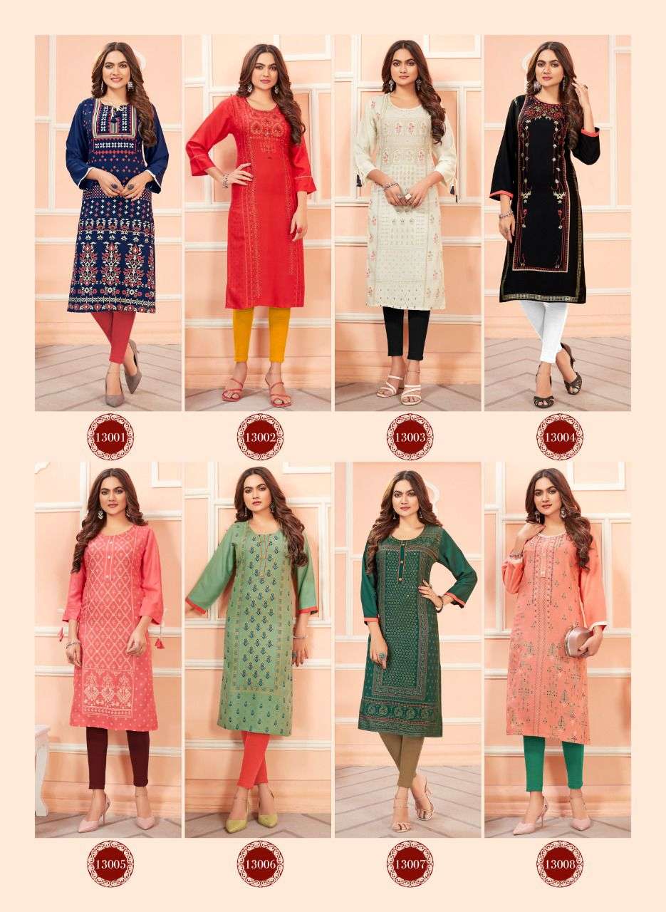 TIARA VOL-6 BY HINAYA 6001 TO 6008 SERIES DESIGNER STYLISH FANCY COLORFUL BEAUTIFUL PARTY WEAR & ETHNIC WEAR COLLECTION RAYON EMBROIDERY KURTIS AT WHOLESALE PRICE
