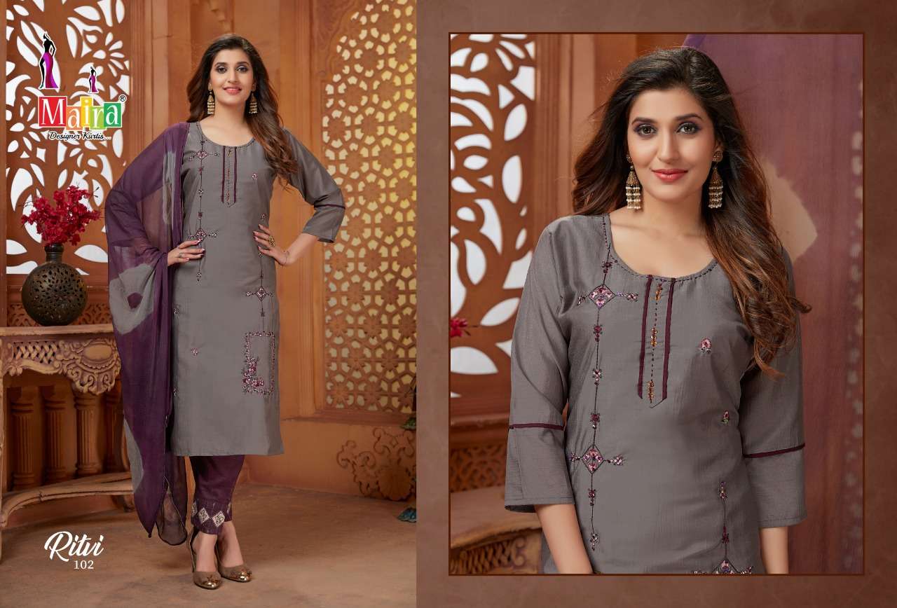 RITVI BY MAIRA 101 TO 108 SERIES BEAUTIFUL SUITS COLORFUL STYLISH FANCY CASUAL WEAR & ETHNIC WEAR HEAVY SILK DRESSES AT WHOLESALE PRICE