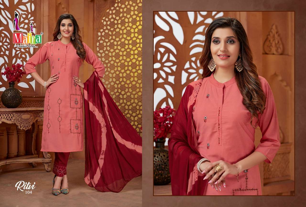 RITVI BY MAIRA 101 TO 108 SERIES BEAUTIFUL SUITS COLORFUL STYLISH FANCY CASUAL WEAR & ETHNIC WEAR HEAVY SILK DRESSES AT WHOLESALE PRICE