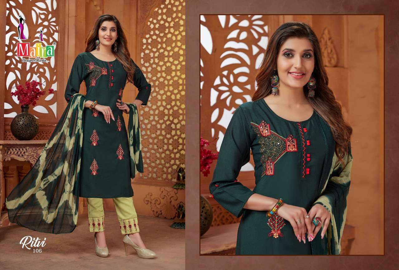RITVI BY MAIRA 101 TO 108 SERIES BEAUTIFUL SUITS COLORFUL STYLISH FANCY CASUAL WEAR & ETHNIC WEAR HEAVY SILK DRESSES AT WHOLESALE PRICE