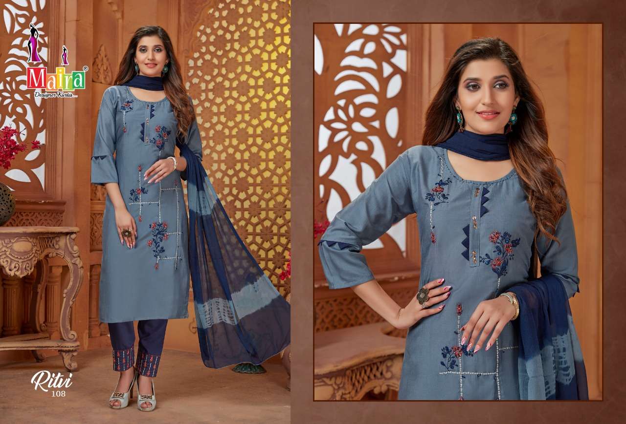 RITVI BY MAIRA 101 TO 108 SERIES BEAUTIFUL SUITS COLORFUL STYLISH FANCY CASUAL WEAR & ETHNIC WEAR HEAVY SILK DRESSES AT WHOLESALE PRICE