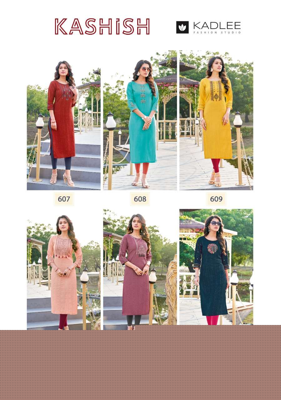KASHISH BY KADLEE 607 TO 612 SERIES DESIGNER STYLISH FANCY COLORFUL BEAUTIFUL PARTY WEAR & ETHNIC WEAR COLLECTION RAYON WITH WORK KURTIS AT WHOLESALE PRICE