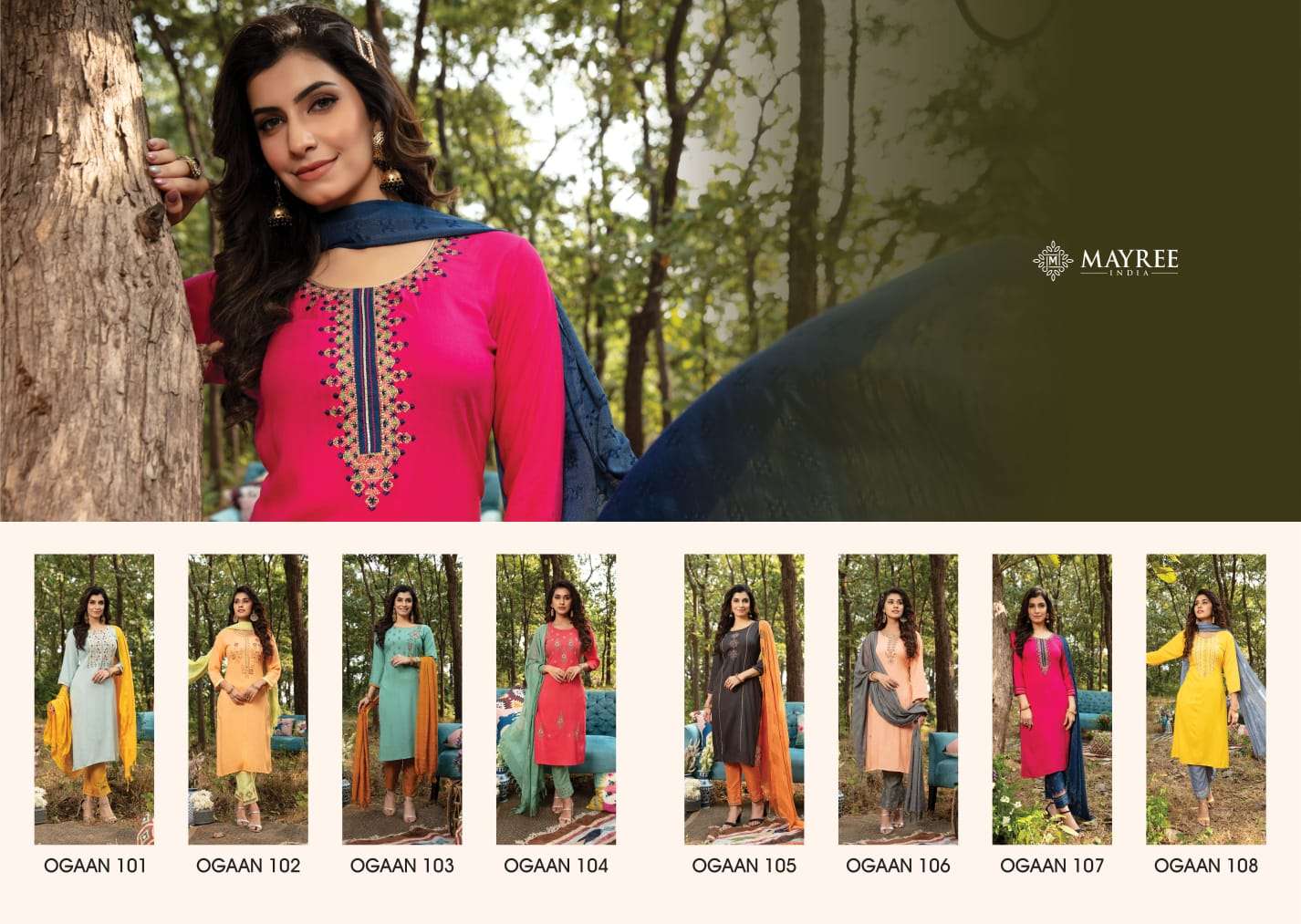 OGAAN BY MAYREE 101 TO 108 SERIES BEAUTIFUL SUITS COLORFUL STYLISH FANCY CASUAL WEAR & ETHNIC WEAR HEAVY RAYON SLUB EMBROIDERED DRESSES AT WHOLESALE PRICE