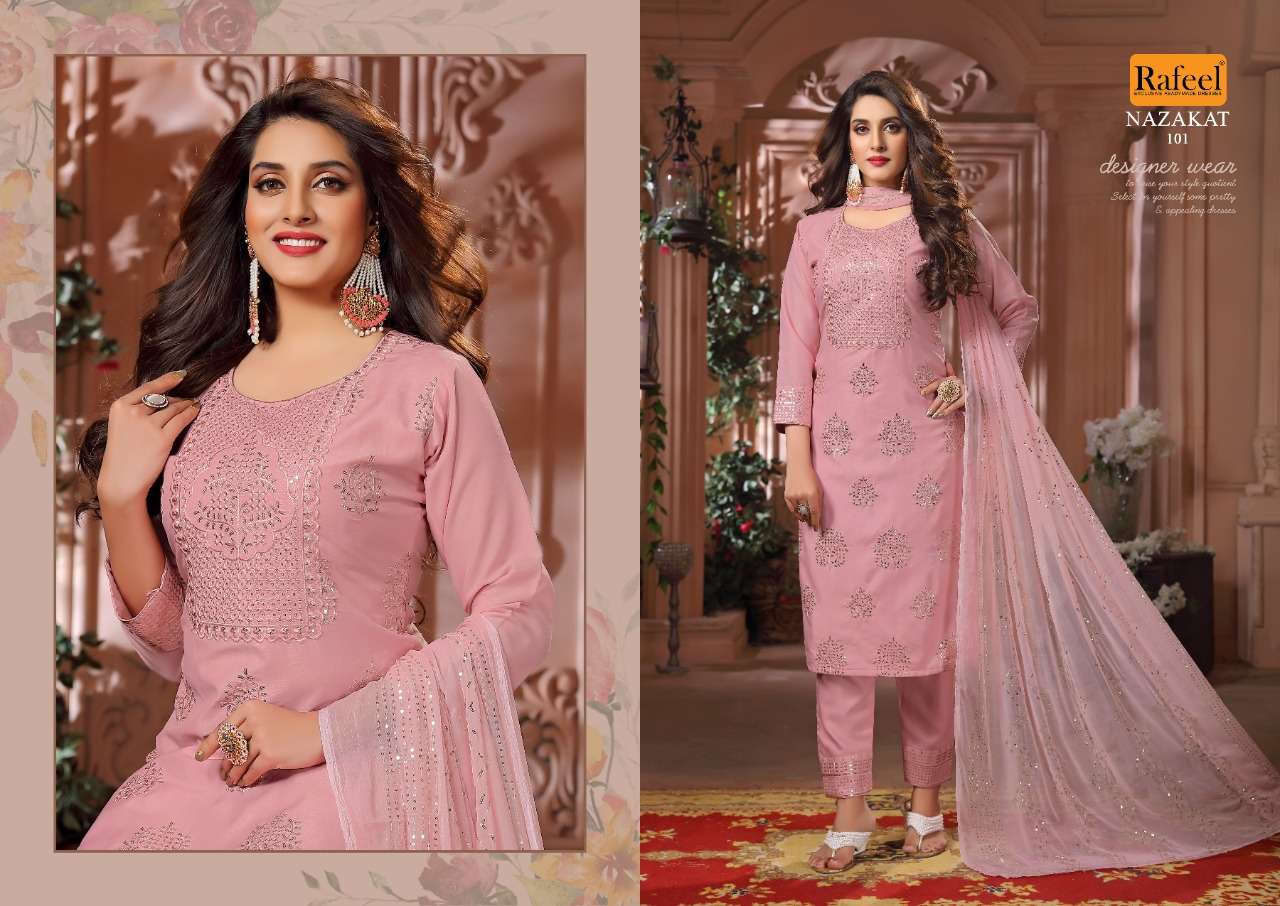 NAZAKAT BY RAFEEL 101 TO 104 SERIES BEAUTIFUL SUITS COLORFUL STYLISH FANCY CASUAL WEAR & ETHNIC WEAR MSULIN DRESSES AT WHOLESALE PRICE