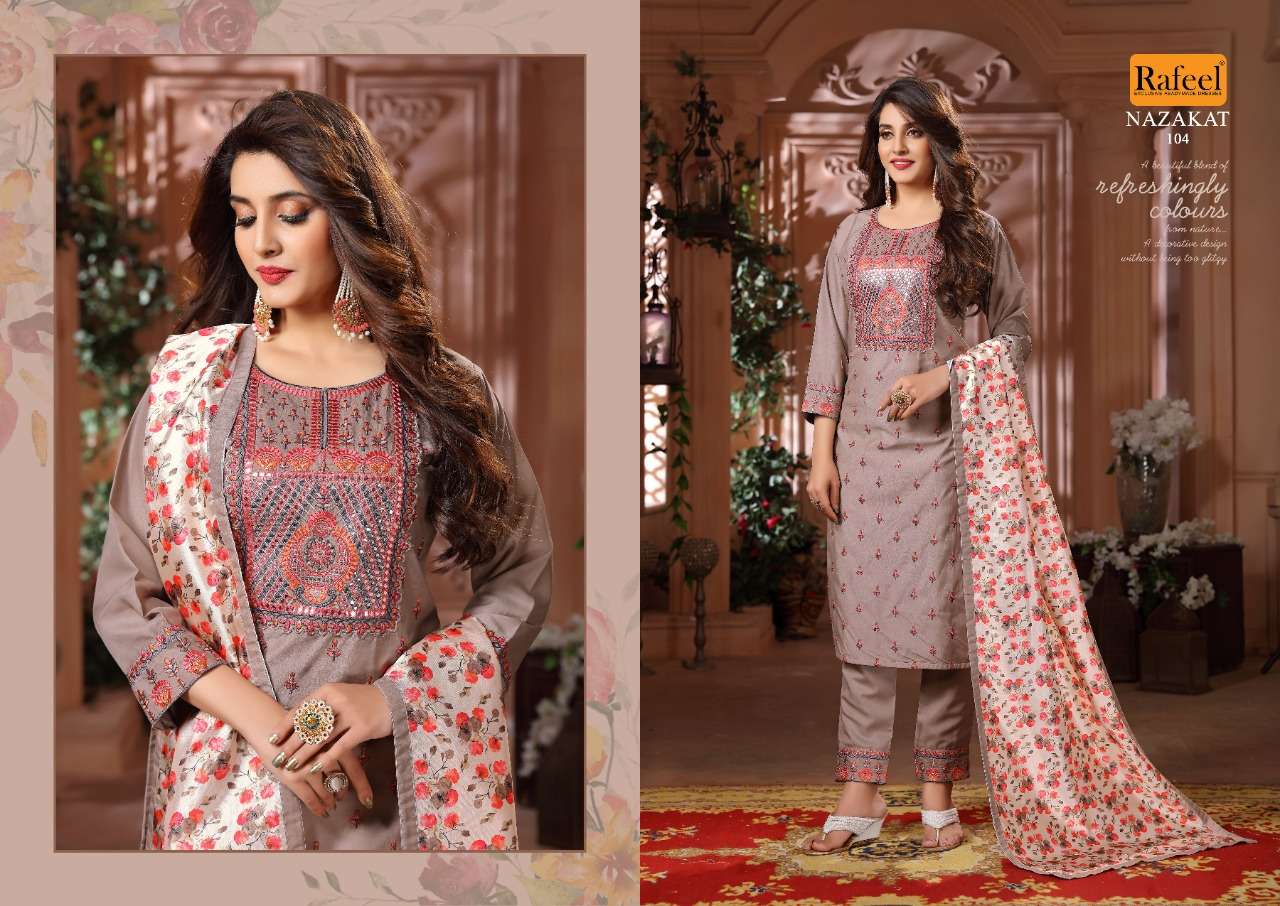 NAZAKAT BY RAFEEL 101 TO 104 SERIES BEAUTIFUL SUITS COLORFUL STYLISH FANCY CASUAL WEAR & ETHNIC WEAR MSULIN DRESSES AT WHOLESALE PRICE
