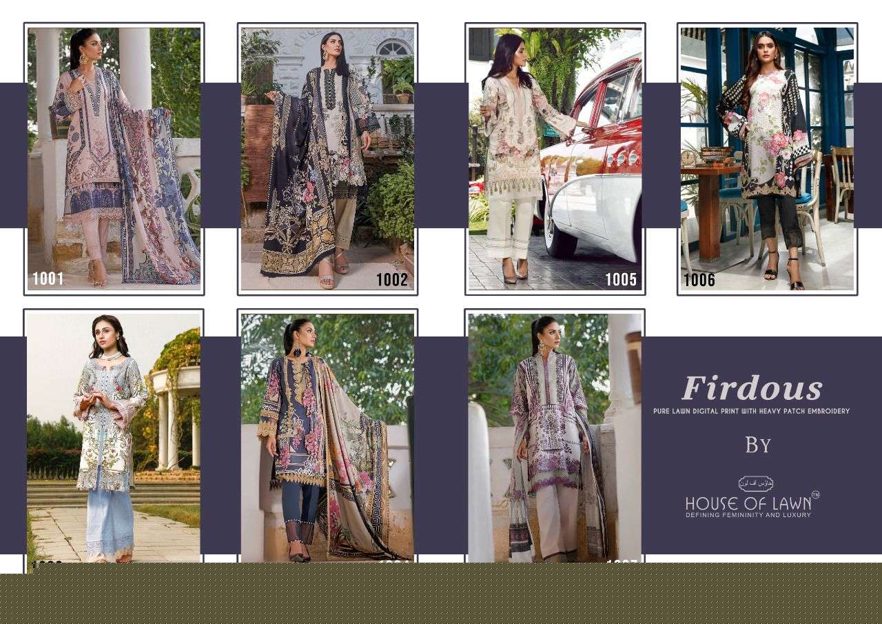 FIRDOUS BY HOUSE OF LAWN 1001 TO 1007 SERIES DESIGNER PAKISTANI SUITS BEAUTIFUL STYLISH FANCY COLORFUL PARTY WEAR & OCCASIONAL WEAR PURE LAWN DRESSES AT WHOLESALE PRICE