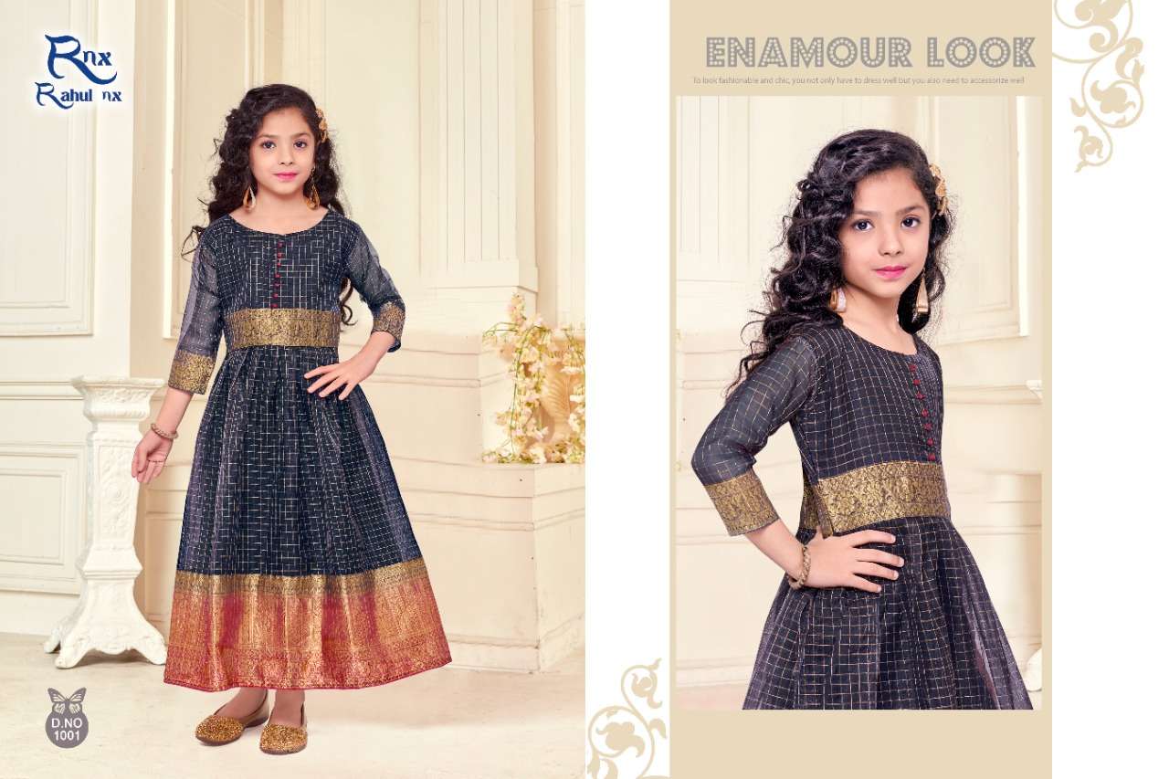 KIDSWEAR VOL-2 BY RAHUL NX 1001 TO 1006 SERIES BEAUTIFUL BEAUTIFUL STYLISH FANCY COLORFUL CASUAL WEAR & ETHNIC WEAR READY TO WEAR ORGANZA JACQUARD GOWNS AT WHOLESALE PRICE