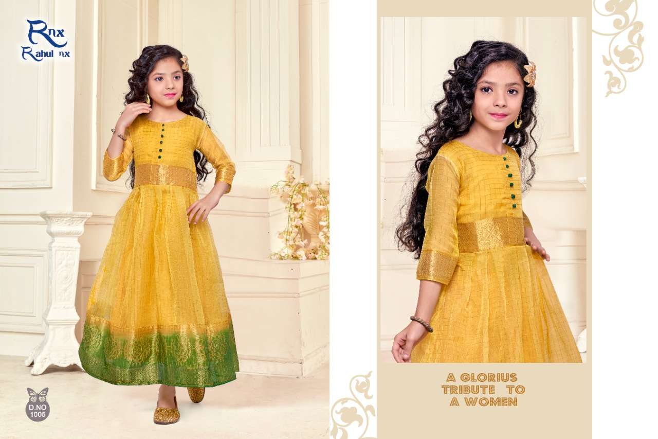 KIDSWEAR VOL-2 BY RAHUL NX 1001 TO 1006 SERIES BEAUTIFUL BEAUTIFUL STYLISH FANCY COLORFUL CASUAL WEAR & ETHNIC WEAR READY TO WEAR ORGANZA JACQUARD GOWNS AT WHOLESALE PRICE