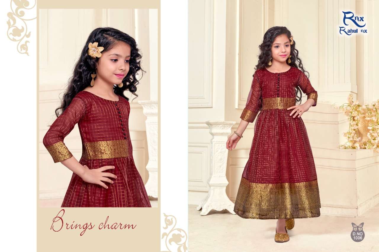 KIDSWEAR VOL-2 BY RAHUL NX 1001 TO 1006 SERIES BEAUTIFUL BEAUTIFUL STYLISH FANCY COLORFUL CASUAL WEAR & ETHNIC WEAR READY TO WEAR ORGANZA JACQUARD GOWNS AT WHOLESALE PRICE