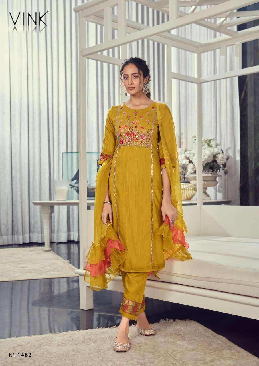 RUFFLES VOL-2 BY VINK 1461 TO 1466 SERIES BEAUTIFUL SUITS COLORFUL STYLISH FANCY CASUAL WEAR & ETHNIC WEAR SILK DRESSES AT WHOLESALE PRICE