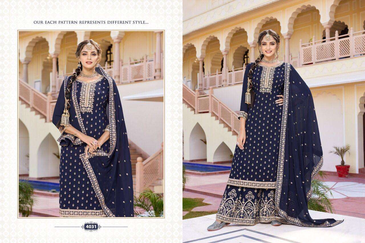 NAWABI BY A M CREATION 4031 TO 4034 SERIES BEAUTIFUL STYLISH SHARARA SUITS FANCY COLORFUL CASUAL WEAR & ETHNIC WEAR & READY TO WEAR BLOOMING GEORETTE DRESSES AT WHOLESALE PRICE