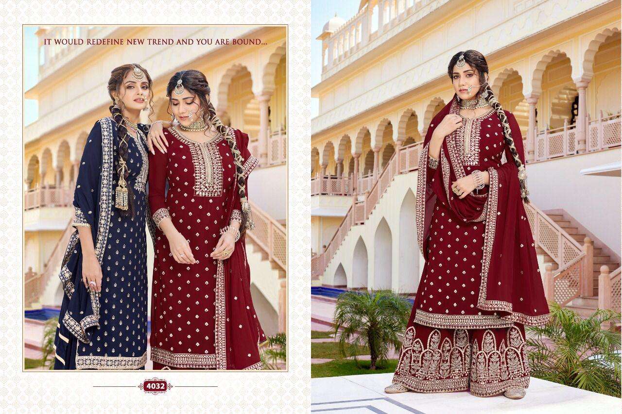 NAWABI BY A M CREATION 4031 TO 4034 SERIES BEAUTIFUL STYLISH SHARARA SUITS FANCY COLORFUL CASUAL WEAR & ETHNIC WEAR & READY TO WEAR BLOOMING GEORETTE DRESSES AT WHOLESALE PRICE