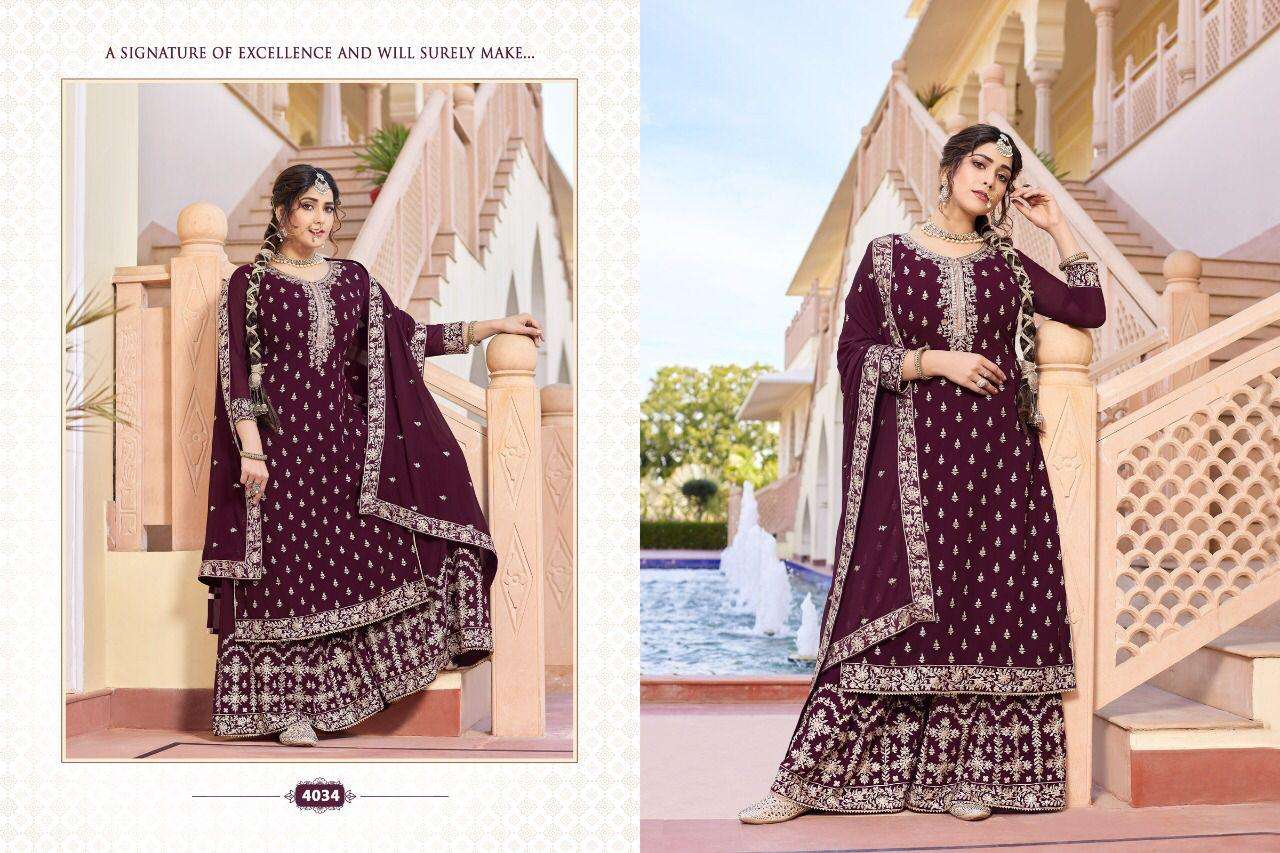 NAWABI BY A M CREATION 4031 TO 4034 SERIES BEAUTIFUL STYLISH SHARARA SUITS FANCY COLORFUL CASUAL WEAR & ETHNIC WEAR & READY TO WEAR BLOOMING GEORETTE DRESSES AT WHOLESALE PRICE