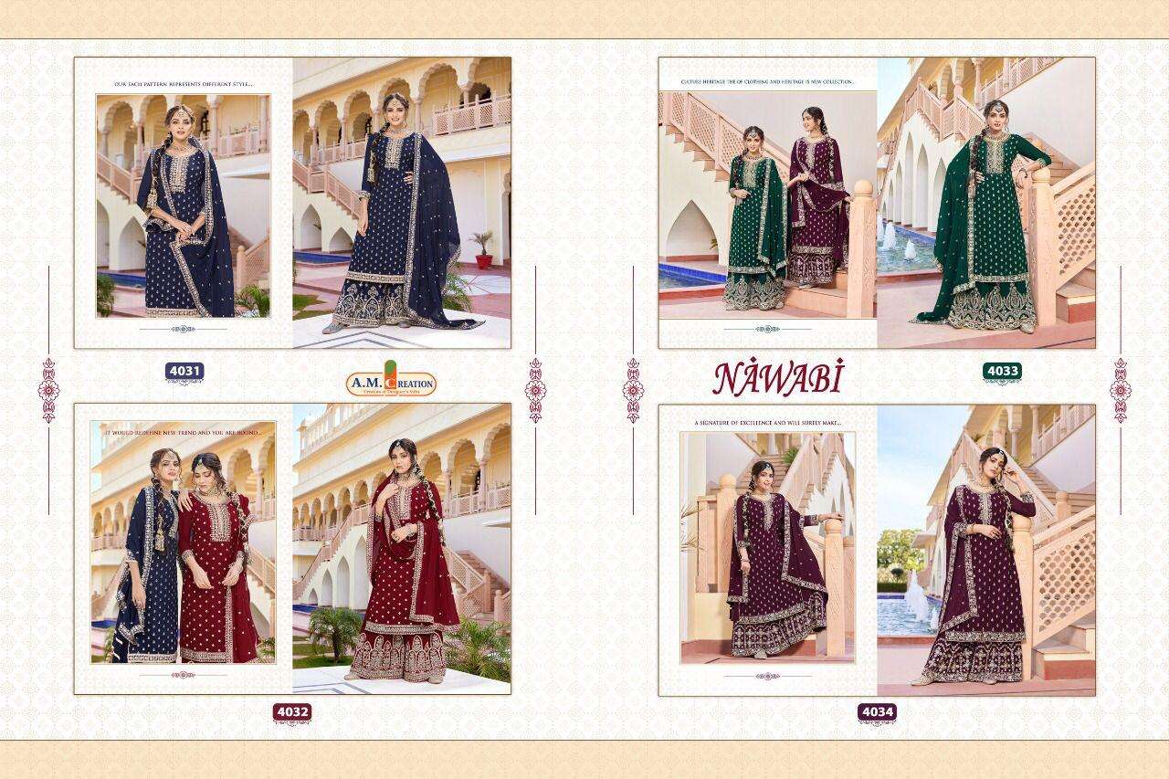 NAWABI BY A M CREATION 4031 TO 4034 SERIES BEAUTIFUL STYLISH SHARARA SUITS FANCY COLORFUL CASUAL WEAR & ETHNIC WEAR & READY TO WEAR BLOOMING GEORETTE DRESSES AT WHOLESALE PRICE