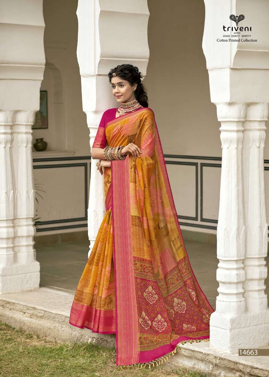DWARIKA BY TRIVENI 14661 TO 14668 SERIES INDIAN TRADITIONAL WEAR COLLECTION BEAUTIFUL STYLISH FANCY COLORFUL PARTY WEAR & OCCASIONAL WEAR COTTON LINEN SAREES AT WHOLESALE PRICE