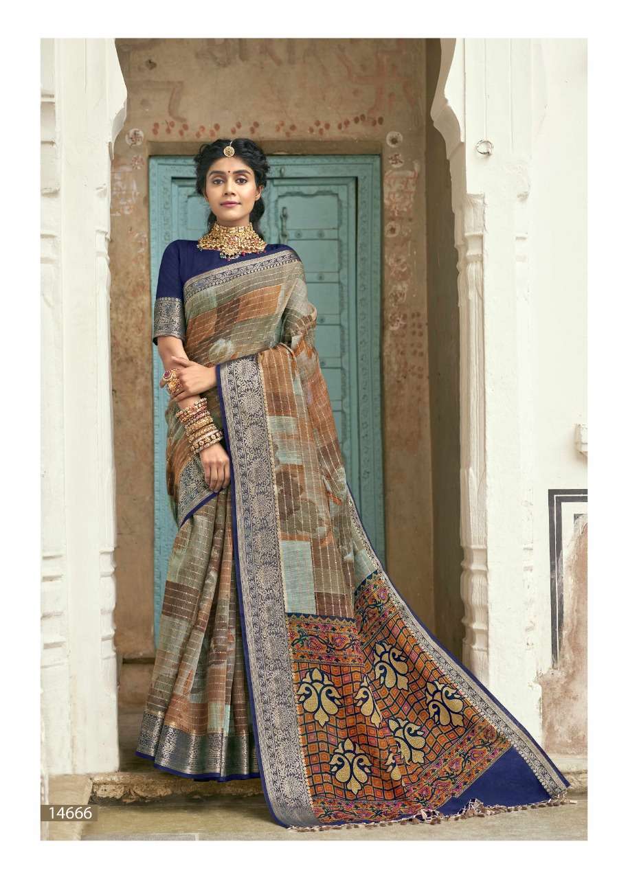 DWARIKA BY TRIVENI 14661 TO 14668 SERIES INDIAN TRADITIONAL WEAR COLLECTION BEAUTIFUL STYLISH FANCY COLORFUL PARTY WEAR & OCCASIONAL WEAR COTTON LINEN SAREES AT WHOLESALE PRICE