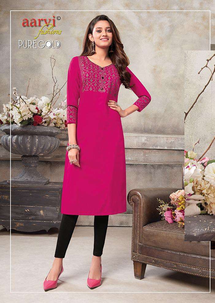 PURE GOLD VOL-5 BY AARVI FASHION DESIGNER STYLISH FANCY COLORFUL BEAUTIFUL PARTY WEAR & ETHNIC WEAR COLLECTION RAYON PRINT KURTIS AT WHOLESALE PRICE
