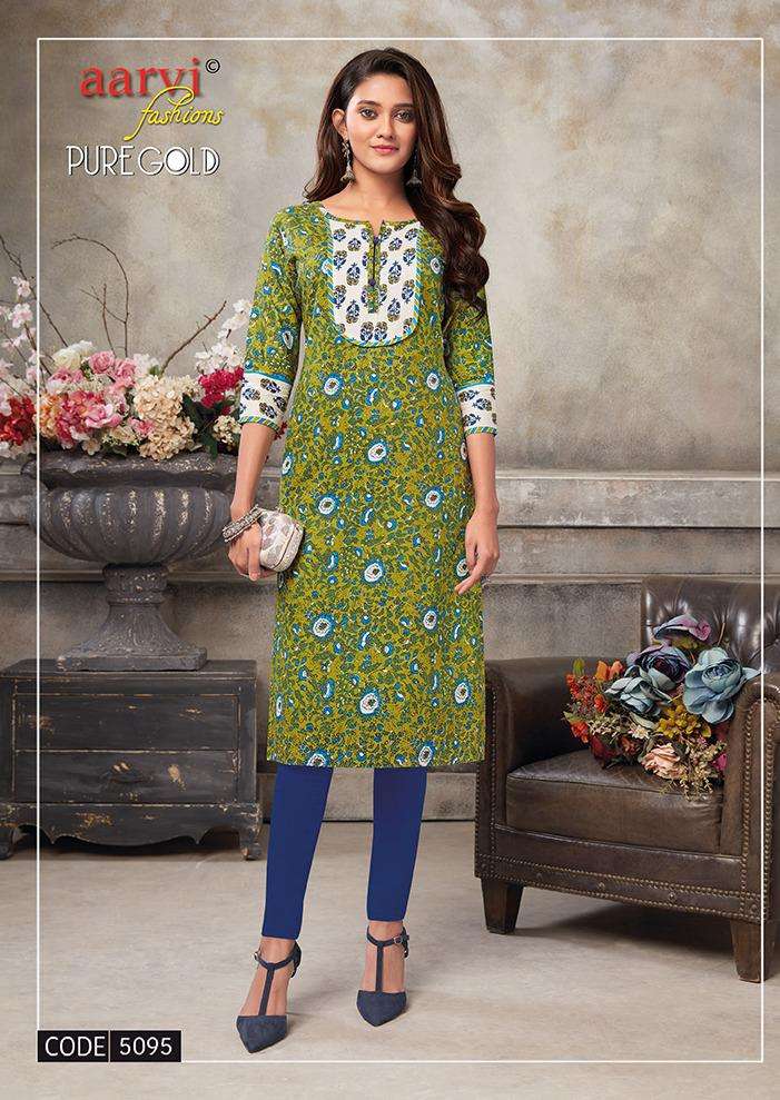 PURE GOLD VOL-5 BY AARVI FASHION DESIGNER STYLISH FANCY COLORFUL BEAUTIFUL PARTY WEAR & ETHNIC WEAR COLLECTION RAYON PRINT KURTIS AT WHOLESALE PRICE