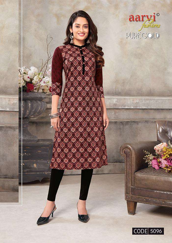 PURE GOLD VOL-5 BY AARVI FASHION DESIGNER STYLISH FANCY COLORFUL BEAUTIFUL PARTY WEAR & ETHNIC WEAR COLLECTION RAYON PRINT KURTIS AT WHOLESALE PRICE