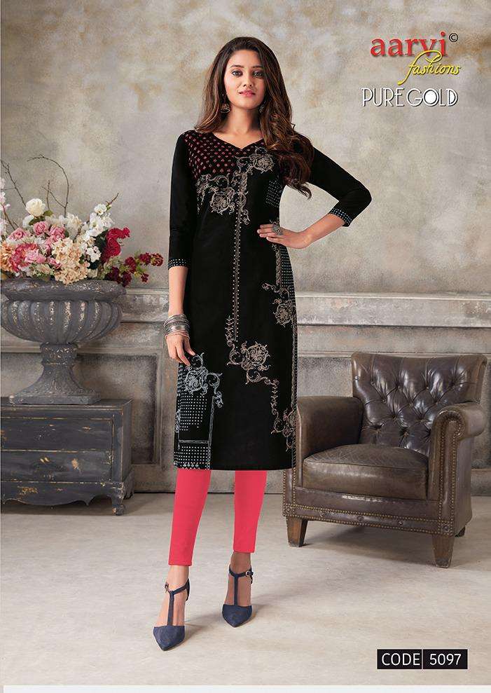 PURE GOLD VOL-5 BY AARVI FASHION DESIGNER STYLISH FANCY COLORFUL BEAUTIFUL PARTY WEAR & ETHNIC WEAR COLLECTION RAYON PRINT KURTIS AT WHOLESALE PRICE