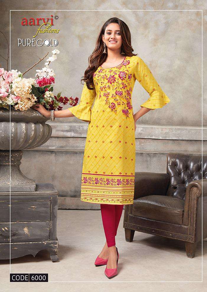 PURE GOLD VOL-5 BY AARVI FASHION DESIGNER STYLISH FANCY COLORFUL BEAUTIFUL PARTY WEAR & ETHNIC WEAR COLLECTION RAYON PRINT KURTIS AT WHOLESALE PRICE