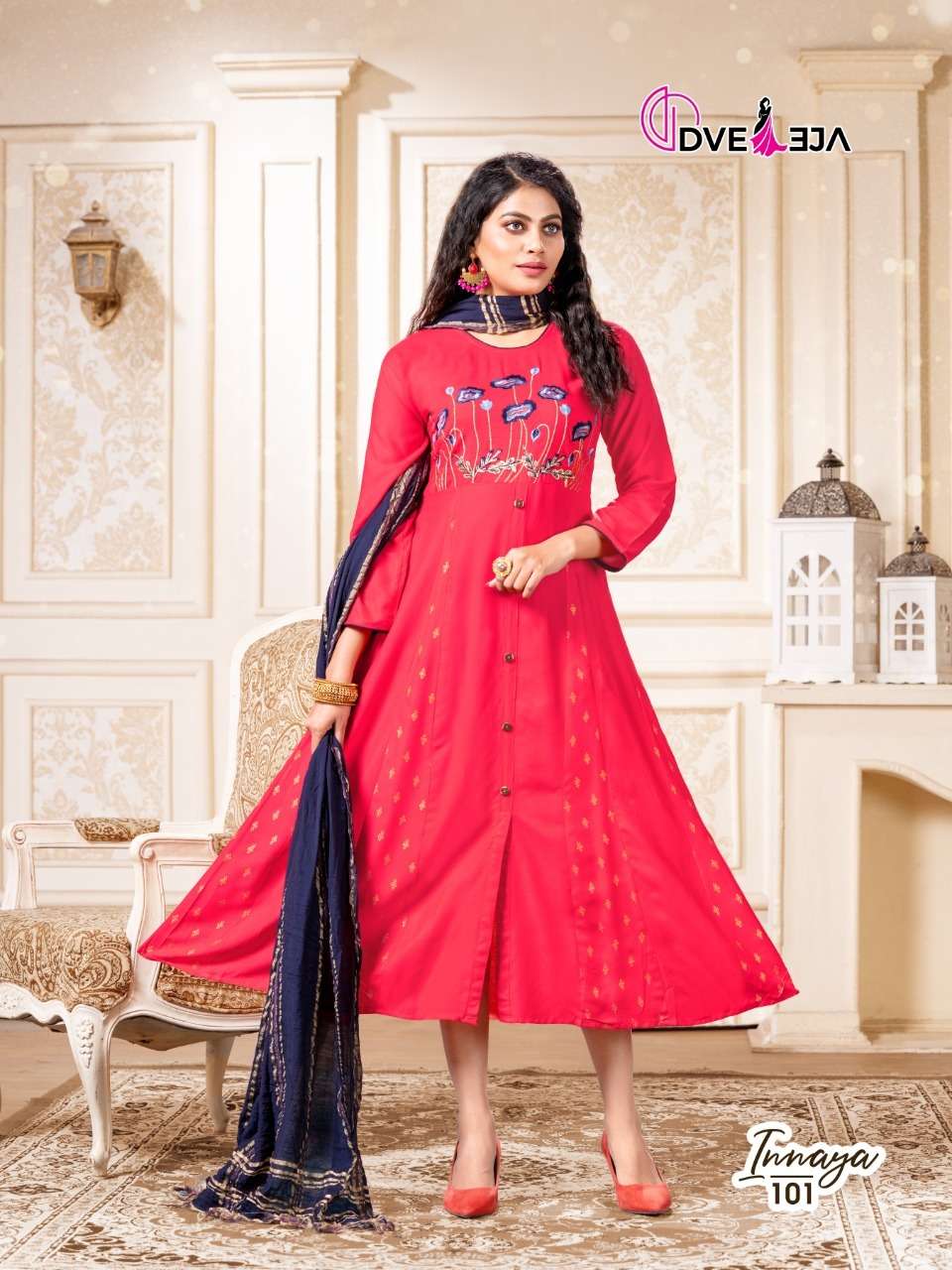 INNAYA BY DVEEJA 101 TO 108 SERIES BEAUTIFUL STYLISH FANCY COLORFUL CASUAL WEAR & ETHNIC WEAR HEAVY RAYON EMBROIDERED GOWNS WITH DUPATTA AT WHOLESALE PRICE
