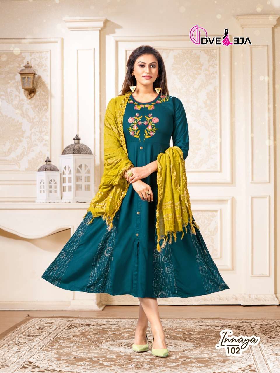 INNAYA BY DVEEJA 101 TO 108 SERIES BEAUTIFUL STYLISH FANCY COLORFUL CASUAL WEAR & ETHNIC WEAR HEAVY RAYON EMBROIDERED GOWNS WITH DUPATTA AT WHOLESALE PRICE