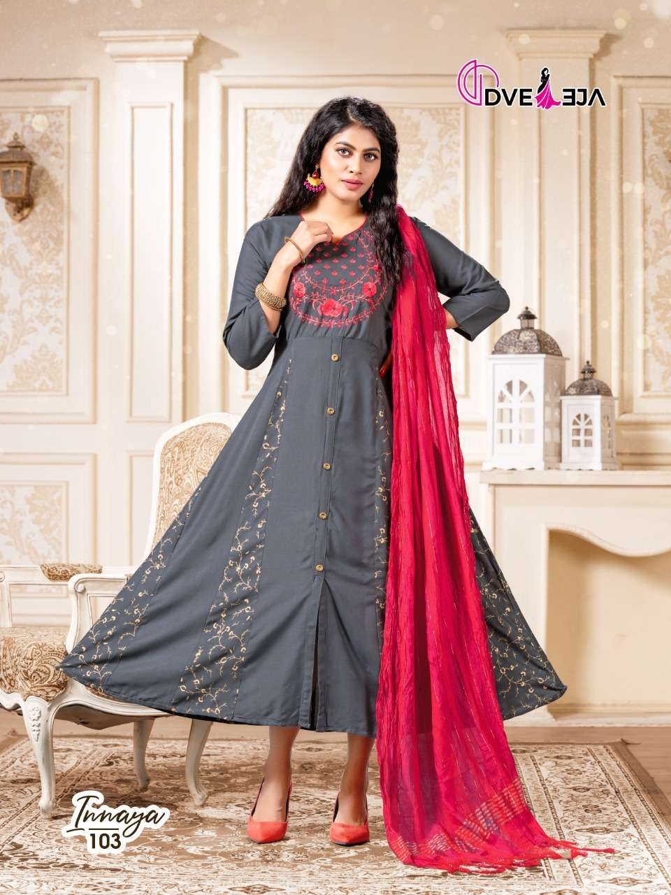INNAYA BY DVEEJA 101 TO 108 SERIES BEAUTIFUL STYLISH FANCY COLORFUL CASUAL WEAR & ETHNIC WEAR HEAVY RAYON EMBROIDERED GOWNS WITH DUPATTA AT WHOLESALE PRICE
