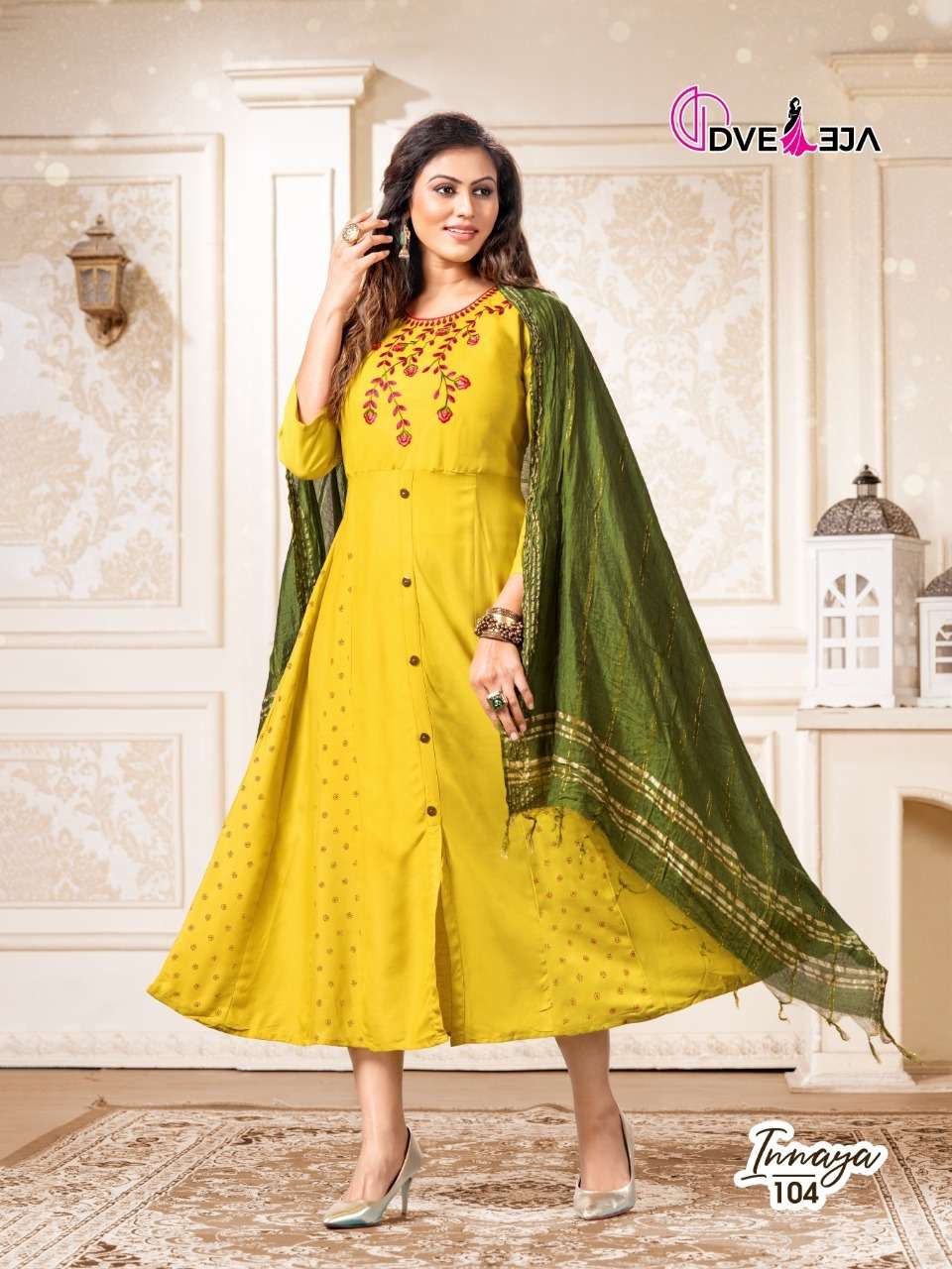INNAYA BY DVEEJA 101 TO 108 SERIES BEAUTIFUL STYLISH FANCY COLORFUL CASUAL WEAR & ETHNIC WEAR HEAVY RAYON EMBROIDERED GOWNS WITH DUPATTA AT WHOLESALE PRICE