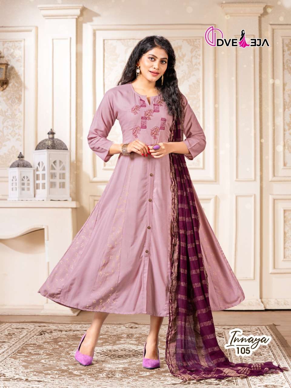 INNAYA BY DVEEJA 101 TO 108 SERIES BEAUTIFUL STYLISH FANCY COLORFUL CASUAL WEAR & ETHNIC WEAR HEAVY RAYON EMBROIDERED GOWNS WITH DUPATTA AT WHOLESALE PRICE