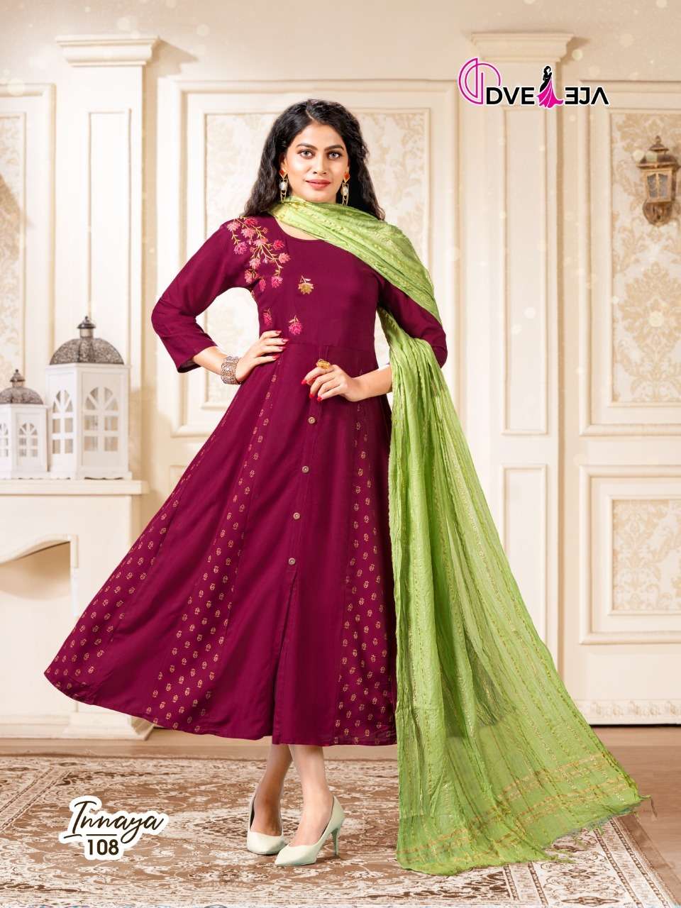 INNAYA BY DVEEJA 101 TO 108 SERIES BEAUTIFUL STYLISH FANCY COLORFUL CASUAL WEAR & ETHNIC WEAR HEAVY RAYON EMBROIDERED GOWNS WITH DUPATTA AT WHOLESALE PRICE