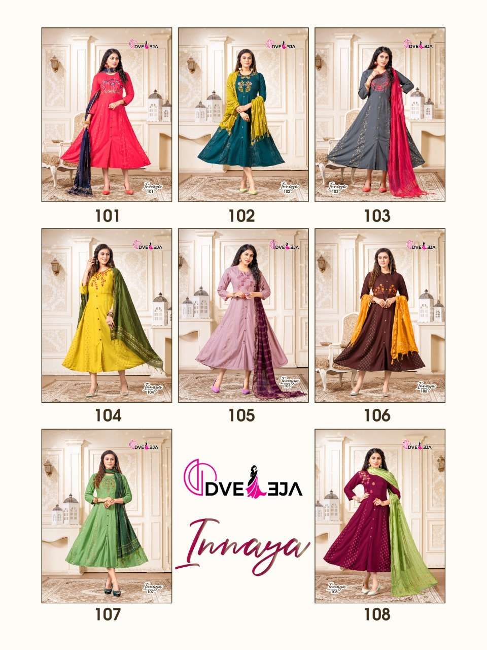 INNAYA BY DVEEJA 101 TO 108 SERIES BEAUTIFUL STYLISH FANCY COLORFUL CASUAL WEAR & ETHNIC WEAR HEAVY RAYON EMBROIDERED GOWNS WITH DUPATTA AT WHOLESALE PRICE