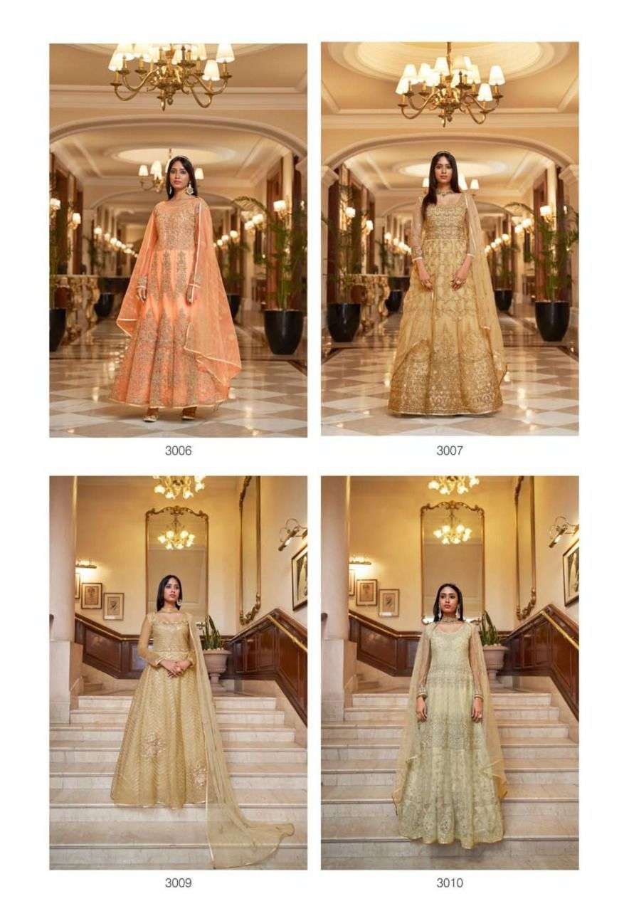 Sabhyata By Bela Fashion 3006 To 3012 Series Beautiful Anarkali Suits Stylish Fancy Colorful Casual Wear & Ethnic Wear Net Dresses At Wholesale Price