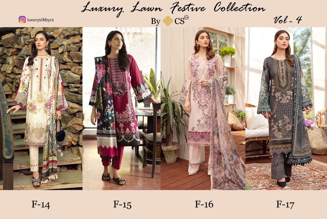 LUXURY LAWN FESTIVE COLLECTION VOL-4 BY CS 14 TO 17 SERIES BEAUTIFUL PAKISTANI SUITS STYLISH FANCY COLORFUL PARTY WEAR & OCCASIONAL WEAR LUXURY LAWN DIGITAL PRINT AT WHOLESALE PRICE