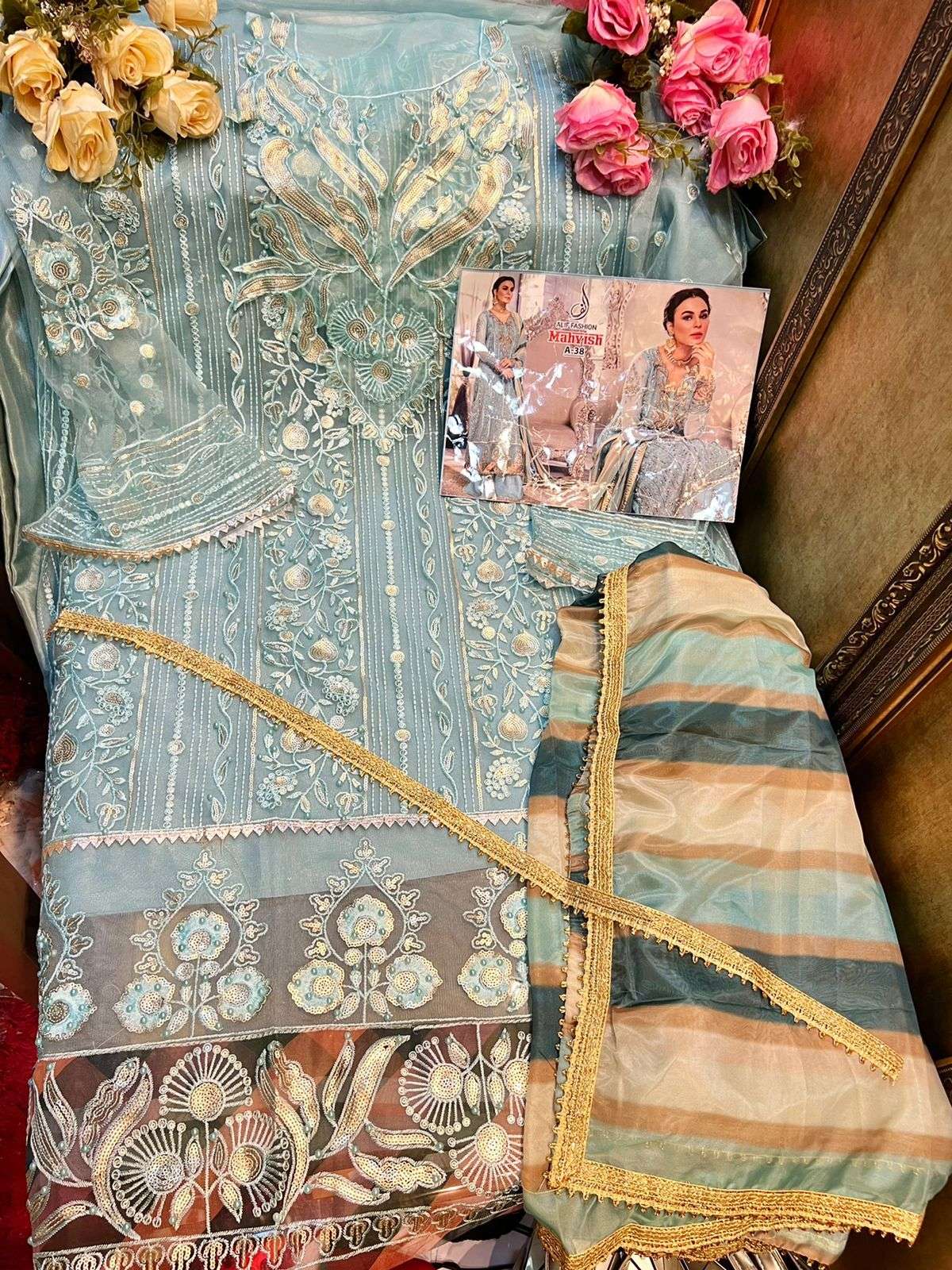 MAHVISH BY ALIF FASHION BEAUTIFUL PAKISTANI SUITS COLORFUL STYLISH FANCY CASUAL WEAR & ETHNIC WEAR BUTTERFLY NET EMBROIDERED DRESSES AT WHOLESALE PRICE