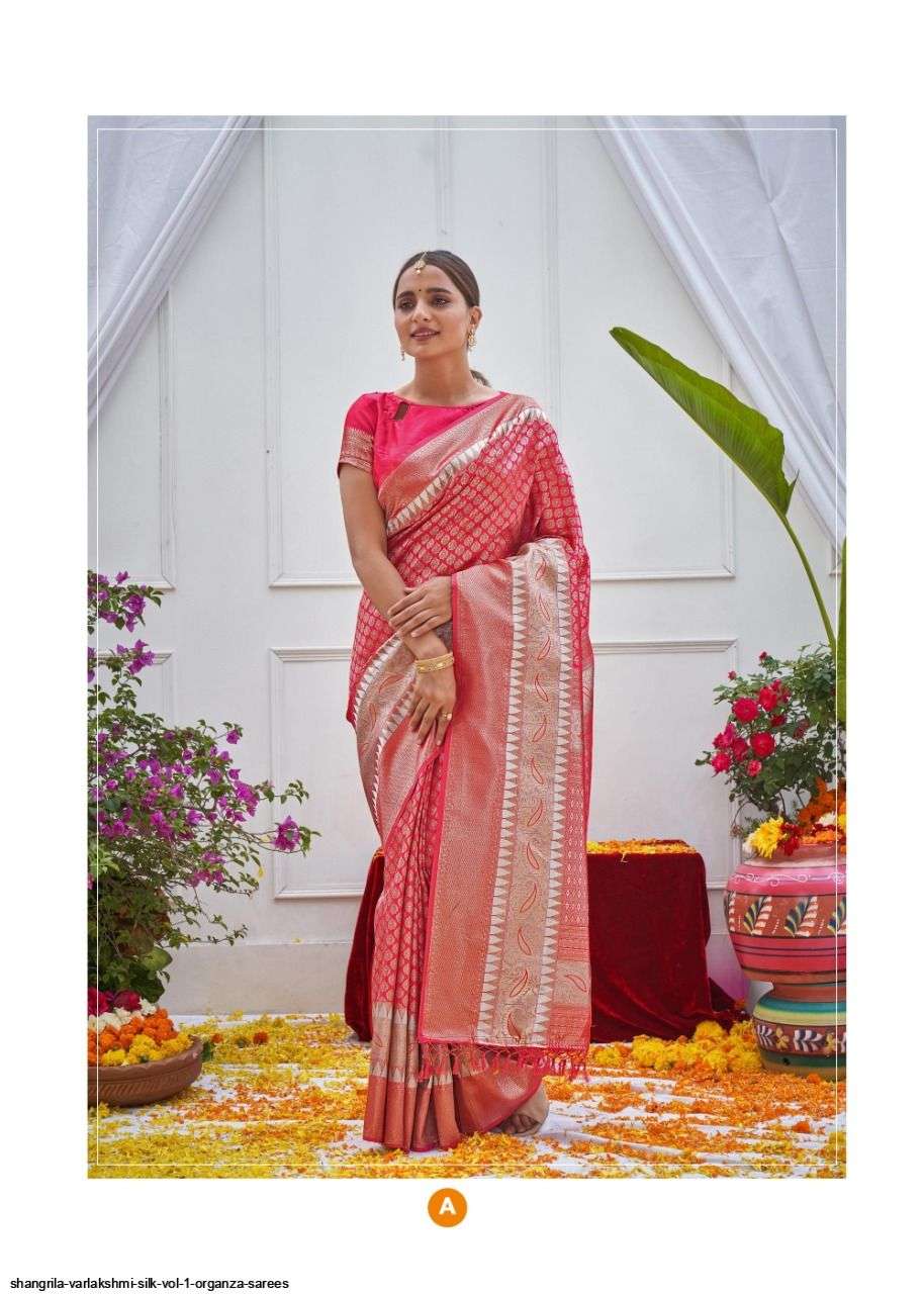 VARLAKSHMI SILK BY SHANGRILA A TO F SERIES INDIAN TRADITIONAL WEAR COLLECTION BEAUTIFUL STYLISH FANCY COLORFUL PARTY WEAR & OCCASIONAL WEAR SOFT ORGANZA SAREES AT WHOLESALE PRICE