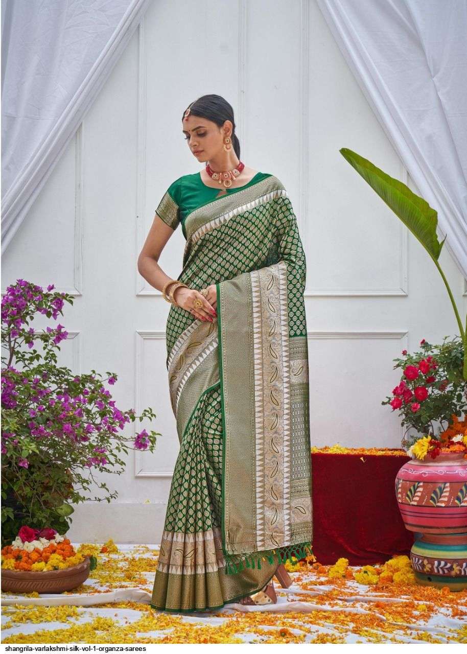 VARLAKSHMI SILK BY SHANGRILA A TO F SERIES INDIAN TRADITIONAL WEAR COLLECTION BEAUTIFUL STYLISH FANCY COLORFUL PARTY WEAR & OCCASIONAL WEAR SOFT ORGANZA SAREES AT WHOLESALE PRICE