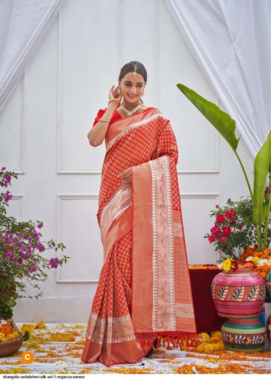 VARLAKSHMI SILK BY SHANGRILA A TO F SERIES INDIAN TRADITIONAL WEAR COLLECTION BEAUTIFUL STYLISH FANCY COLORFUL PARTY WEAR & OCCASIONAL WEAR SOFT ORGANZA SAREES AT WHOLESALE PRICE