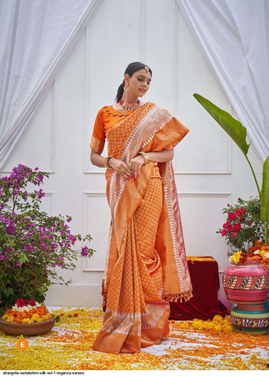 VARLAKSHMI SILK BY SHANGRILA A TO F SERIES INDIAN TRADITIONAL WEAR COLLECTION BEAUTIFUL STYLISH FANCY COLORFUL PARTY WEAR & OCCASIONAL WEAR SOFT ORGANZA SAREES AT WHOLESALE PRICE