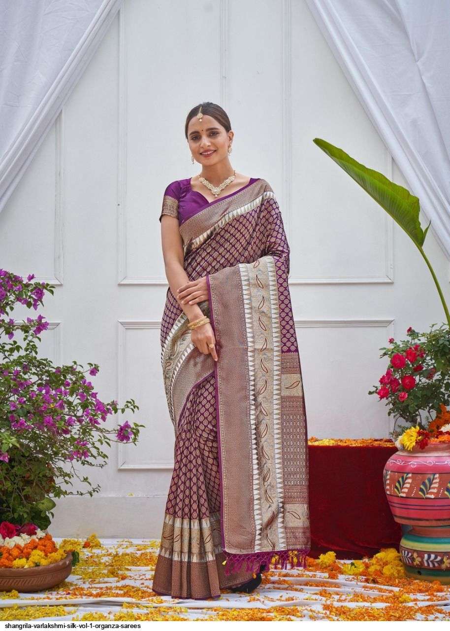 VARLAKSHMI SILK BY SHANGRILA A TO F SERIES INDIAN TRADITIONAL WEAR COLLECTION BEAUTIFUL STYLISH FANCY COLORFUL PARTY WEAR & OCCASIONAL WEAR SOFT ORGANZA SAREES AT WHOLESALE PRICE