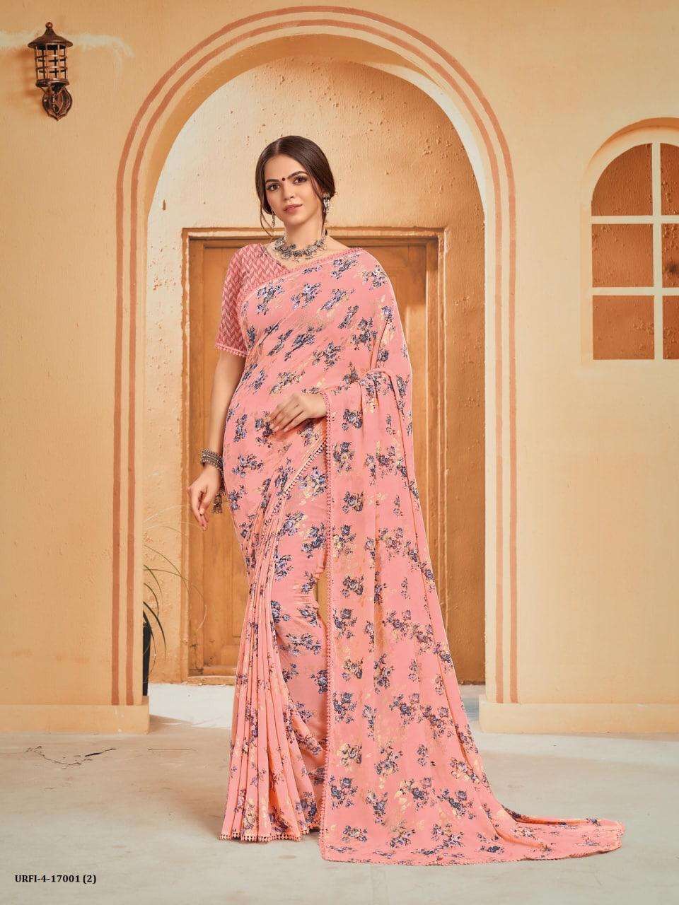 URAFI VOL-4 BY SHREE MATARAM 17001 TO 17006 SERIES INDIAN TRADITIONAL WEAR COLLECTION BEAUTIFUL STYLISH FANCY COLORFUL PARTY WEAR & OCCASIONAL WEAR GEORGETTE PRINTED SAREES AT WHOLESALE PRICE