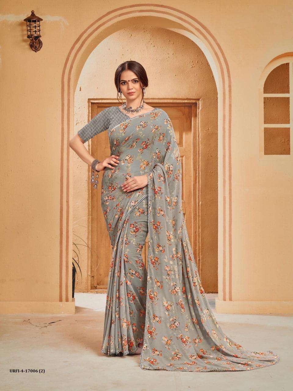 URAFI VOL-4 BY SHREE MATARAM 17001 TO 17006 SERIES INDIAN TRADITIONAL WEAR COLLECTION BEAUTIFUL STYLISH FANCY COLORFUL PARTY WEAR & OCCASIONAL WEAR GEORGETTE PRINTED SAREES AT WHOLESALE PRICE