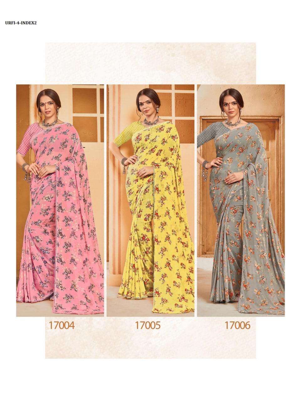 URAFI VOL-4 BY SHREE MATARAM 17001 TO 17006 SERIES INDIAN TRADITIONAL WEAR COLLECTION BEAUTIFUL STYLISH FANCY COLORFUL PARTY WEAR & OCCASIONAL WEAR GEORGETTE PRINTED SAREES AT WHOLESALE PRICE